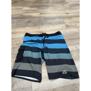 RUSTY Board Shorts Wax Comb Bottle Opener Mens 32 Striped Blue Green